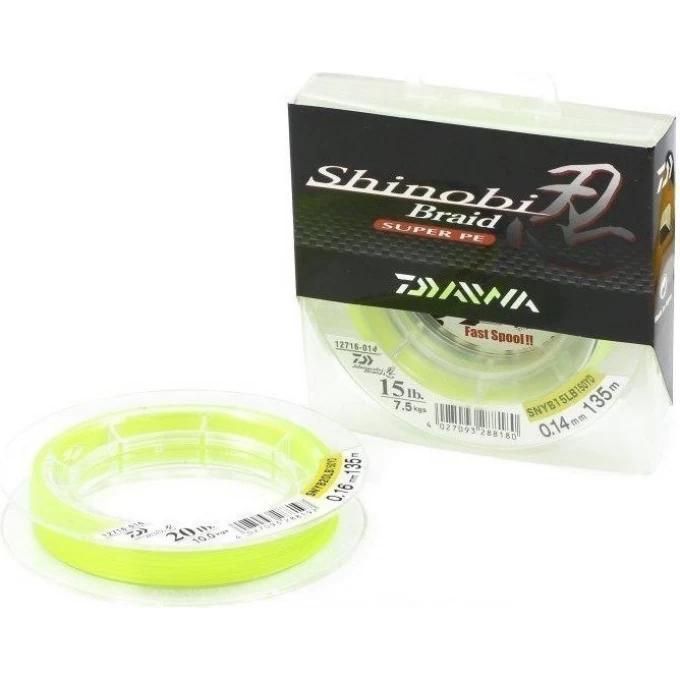 Плетеная леска DAIWA Shinobi Braid - 15 Lb (0.14мм) - 135м (ярко-жёлтая) 4027093288180 Плетеная леска DAIWA Shinobi Braid - 15 Lb (0.14мм) - 135м (ярко-жёлтая) 4027093288180