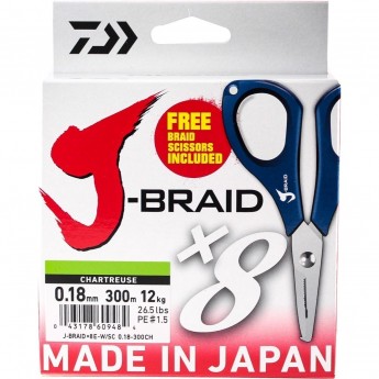 Шнур DAIWA J-Braid X8E-W/SC 0,18мм 300м chartreuse + ножницы Шнур DAIWA J-Braid X8E-W/SC 0,18мм 300м chartreuse + ножницы